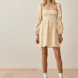 Reformation Michaela Lima Dress, small florals, puff long sleeve size 10, yellow